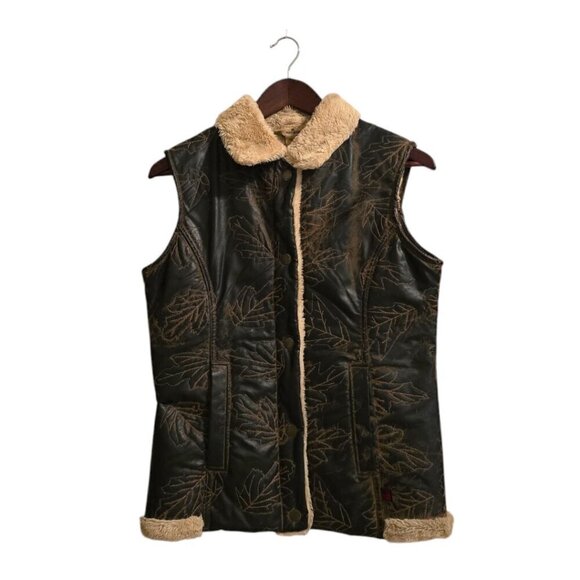 Woolrich Faux Leather Leaf Print Distressed Sherpa Lined Vest Sz S - Picture 1 of 8